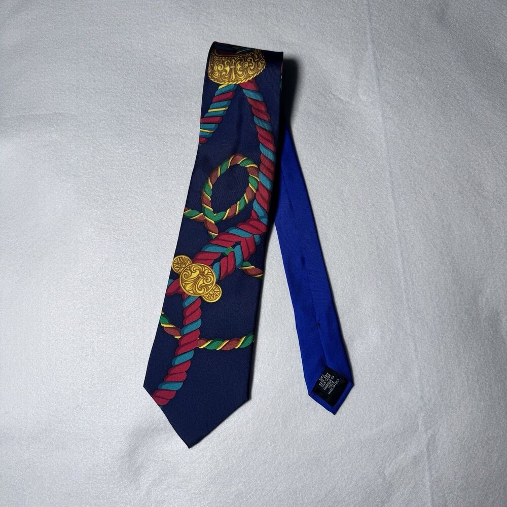 Vintage Hugo Boss Silk Tie Italy Nautical Blue Red Gold Ropes Pulley Silk